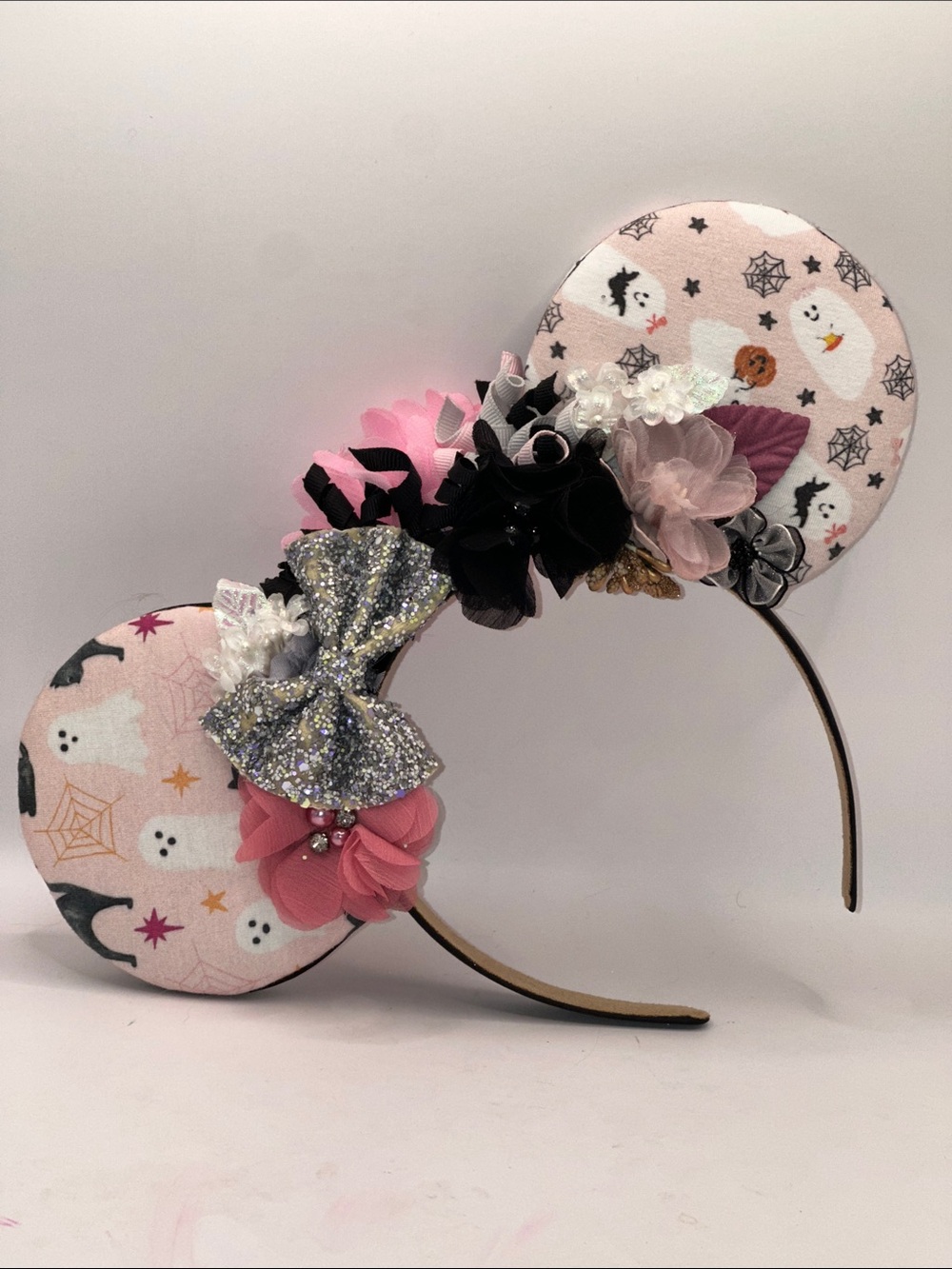 OOAK Pink Halloween Floral Mouse Ear Headband